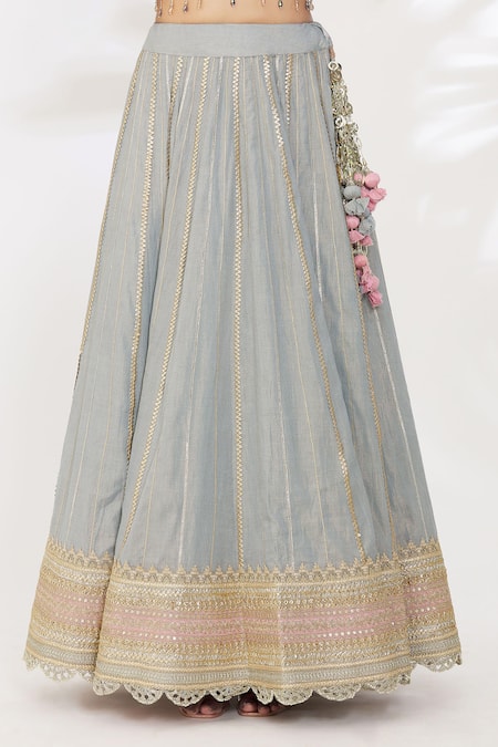 Shikhar Sharma_Grey Cotton Sequins, Zari, Tassels, Gota Patti Stripe Embroidered Lehenga Set _Online_at_Aza_Fashions