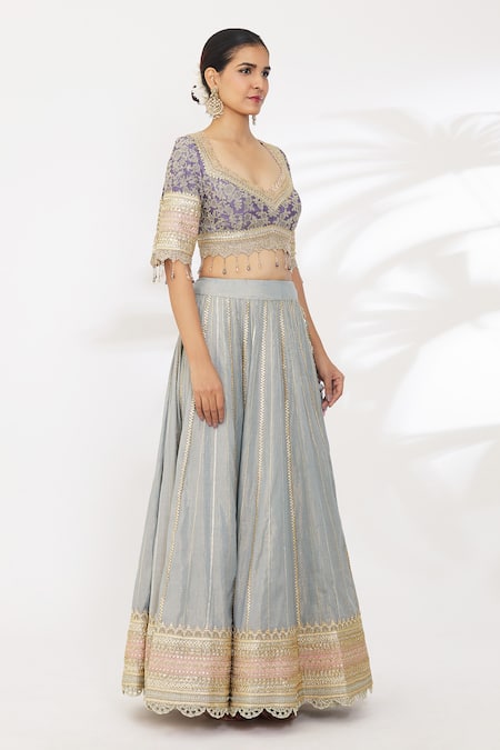 Buy_Shikhar Sharma_Grey Cotton Sequins, Zari, Tassels, Gota Patti Stripe Embroidered Lehenga Set _Online_at_Aza_Fashions