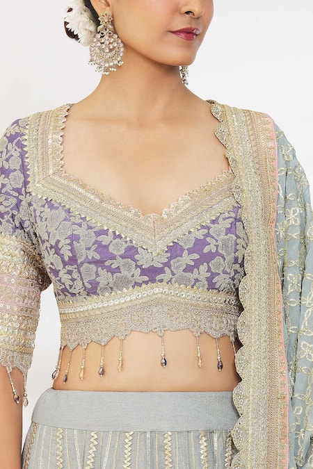 Shop_Shikhar Sharma_Grey Cotton Sequins, Zari, Tassels, Gota Patti Stripe Embroidered Lehenga Set _Online_at_Aza_Fashions