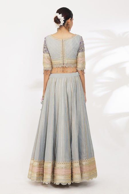 Shikhar Sharma_Grey Cotton Sequins, Zari, Tassels, Gota Patti Stripe Embroidered Lehenga Set _at_Aza_Fashions