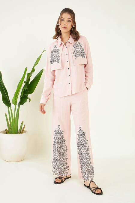 Bohobi Pink 100% Linen Embroidery Scribble Athena Dori Shirt With Pant 