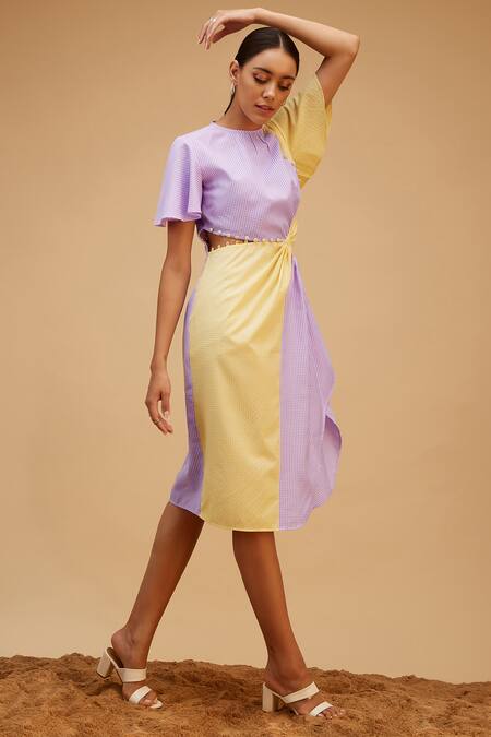 Shop_Bohobi_Purple Cotton Round Neck Buffalo Check Midi Dress _Online_at_Aza_Fashions