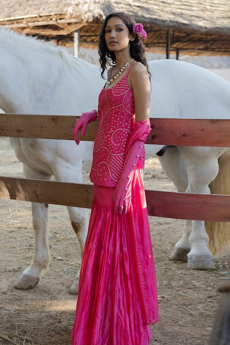 Shop Punit Balana Pink Chanderi Silk Embroidery, Sequins Scoop The Noor Resham Kurta Gharara Set at Aza Fashions Shop_Punit Balana_Pink Chanderi Silk Embroidery, Sequins Scoop The Noor Resham Kurta Gharara Set _at_Aza_Fashions