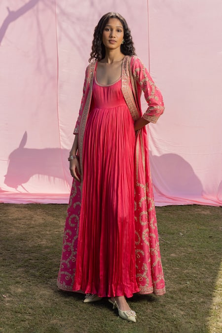 PUNIT BALANA Pink Jacket Raw Silk Embroidered Floral Marodi Rani Sa And Set 