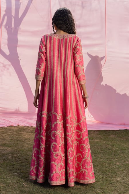 Shop Punit Balana Pink Satin, Silk Patchwork, Embroidery Scoop Rani Sa Anarkali And Jacket Set at Aza Fashions Shop_Punit Balana_Pink Satin, Silk Patchwork, Embroidery Scoop Rani Sa Anarkali And Jacket Set _at_Aza_Fashions