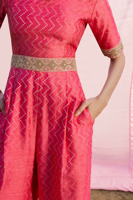Punit Balana_Pink Silk Embroidery, Zari Round Neck Kasundi Banarasi Woven Jumpsuit _Online_at_Aza_Fashions