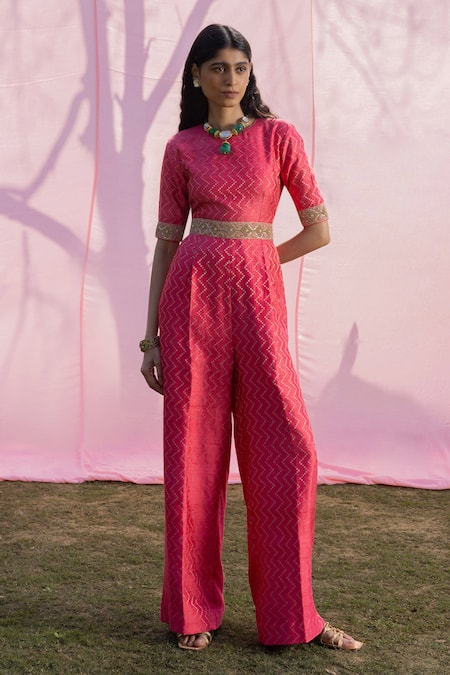 PUNIT BALANA Pink Raw Silk Woven Polka Round Kasundi Banarasi Jumpsuit 