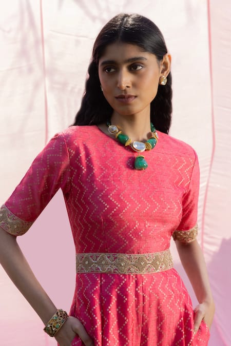Shop_Punit Balana_Pink Silk Embroidery, Zari Round Neck Kasundi Banarasi Woven Jumpsuit _at_Aza_Fashions