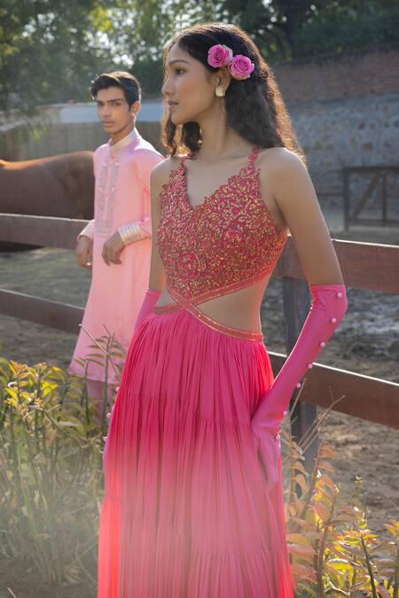 Punit Balana Pink Silk Embroidery, Sequins V-neck Ghagri Embellished Bodice Backless Dress Online at Aza Fashions Punit Balana_Pink Silk Embroidery, Sequins V-neck Ghagri Embellished Bodice Backless Dress _Online_at_Aza_Fashions