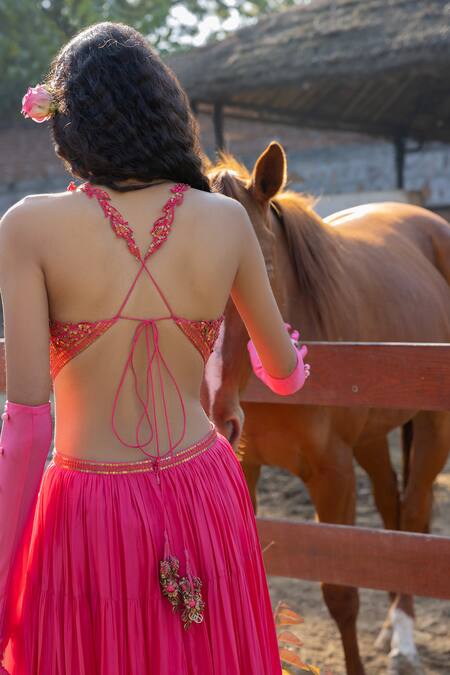 Buy Punit Balana Pink Silk Embroidery, Sequins V-neck Ghagri Embellished Bodice Backless Dress Online at Aza Fashions Buy_Punit Balana_Pink Silk Embroidery, Sequins V-neck Ghagri Embellished Bodice Backless Dress _Online_at_Aza_Fashions