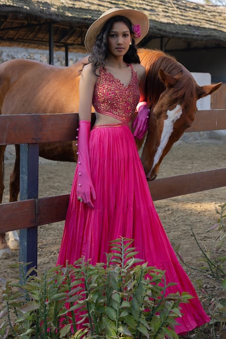 PUNIT BALANA Pink Silk Embroidered Resham Ghagri Embellished Bodice Backless Dress 