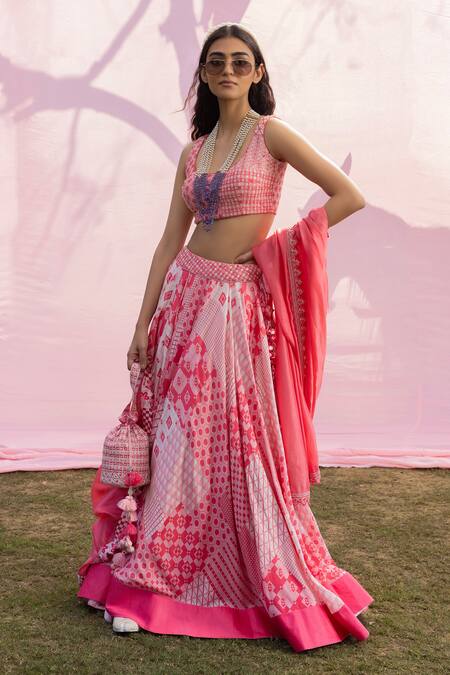Punit Balana_Pink Chanderi Silk, Organza Sequins, Geometric Print Lehenga Blouse Set _Online_at_Aza_Fashions