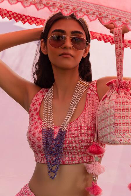 Buy_Punit Balana_Pink Chanderi Silk, Organza Sequins, Geometric Print Lehenga Blouse Set _Online_at_Aza_Fashions