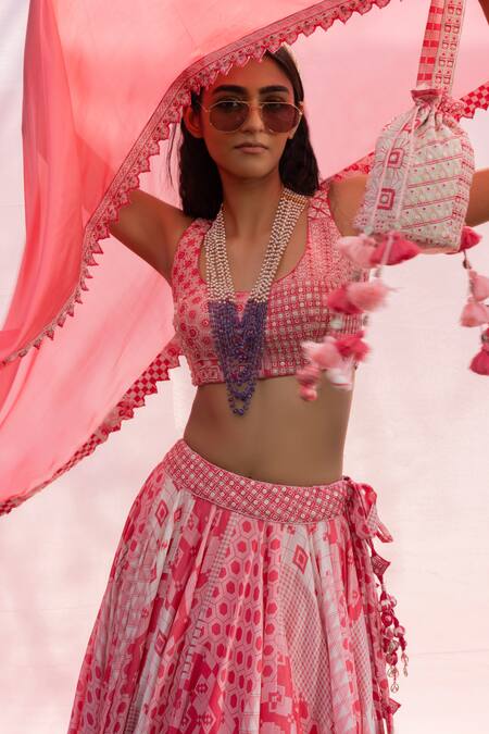 Shop_Punit Balana_Pink Chanderi Silk, Organza Sequins, Geometric Print Lehenga Blouse Set _Online_at_Aza_Fashions