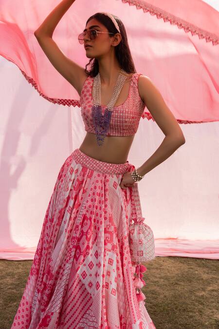 Punit Balana_Pink Chanderi Silk, Organza Sequins, Geometric Print Lehenga Blouse Set _at_Aza_Fashions