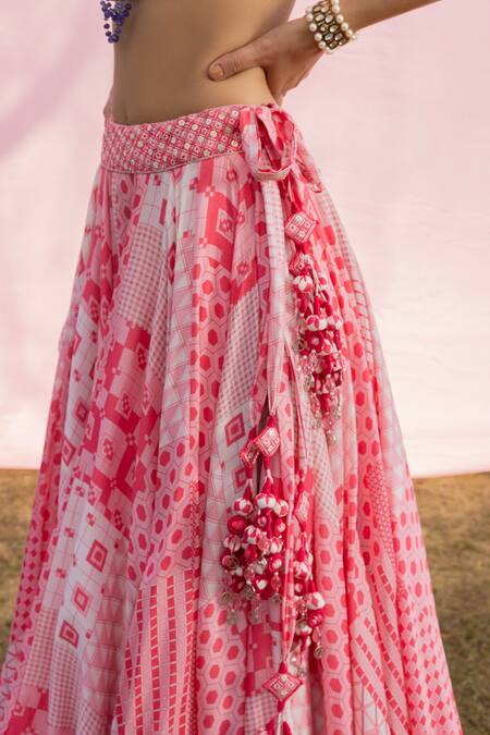 Buy_Punit Balana_Pink Chanderi Silk, Organza Sequins, Geometric Print Lehenga Blouse Set 