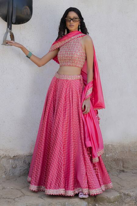 Punit Balana Pink Chanderi Silk Zari, Embroidery Round Neck Banarasi Printed Lehenga Set Online at Aza Fashions Punit Balana_Pink Chanderi Silk Zari, Embroidery Round Neck Banarasi Printed Lehenga Set _Online_at_Aza_Fashions