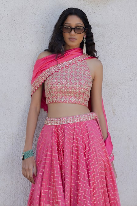 Buy Punit Balana Pink Chanderi Silk Zari, Embroidery Round Neck Banarasi Printed Lehenga Set Online at Aza Fashions Buy_Punit Balana_Pink Chanderi Silk Zari, Embroidery Round Neck Banarasi Printed Lehenga Set _Online_at_Aza_Fashions