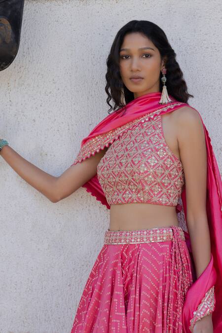 Shop Punit Balana Pink Chanderi Silk Zari, Embroidery Round Neck Banarasi Printed Lehenga Set Online at Aza Fashions Shop_Punit Balana_Pink Chanderi Silk Zari, Embroidery Round Neck Banarasi Printed Lehenga Set _Online_at_Aza_Fashions