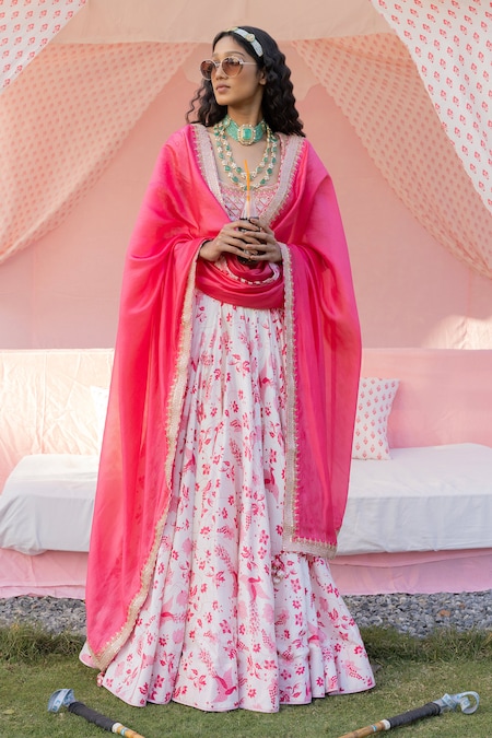 PUNIT BALANA Pink Silk Printed Floral Scoop Botanic Lehenga Set 