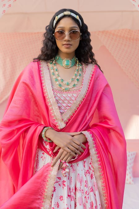 Shop Punit Balana Pink Silk Embroidery Scoop Neck Floral Botanic Print Lehenga Set at Aza Fashions Shop_Punit Balana_Pink Silk Embroidery Scoop Neck Floral Botanic Print Lehenga Set _at_Aza_Fashions