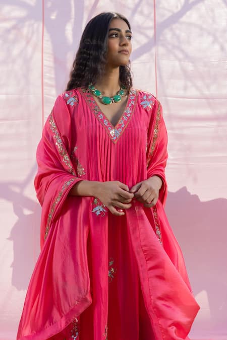 Punit Balana_Pink Silk, Organza Embroidery, Applique V-neck The Alia Work Choga Kurta Set _Online_at_Aza_Fashions