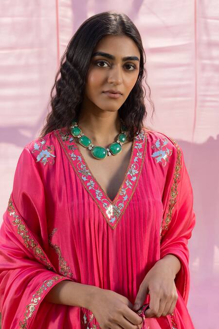 Buy_Punit Balana_Pink Silk, Organza Embroidery, Applique V-neck The Alia Work Choga Kurta Set _Online_at_Aza_Fashions