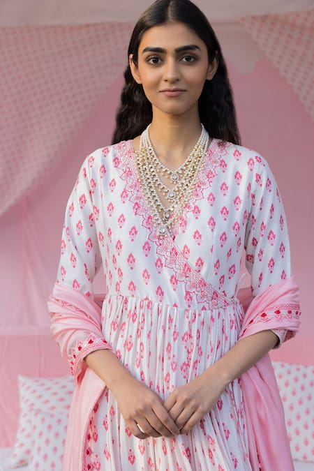 Buy Punit Balana Pink Chanderi Silk Printed Floral V The Pakeezah Prinr Angarkha Set Online at Aza Fashions Buy_Punit Balana_Pink Chanderi Silk Printed Floral V The Pakeezah Prinr Angarkha Set _Online_at_Aza_Fashions