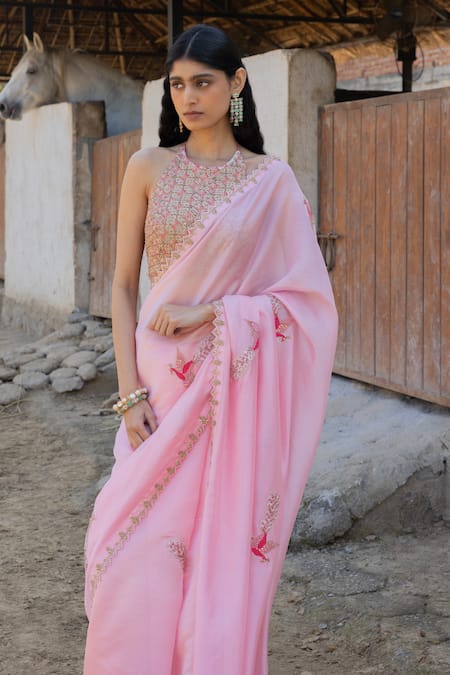 Punit Balana_Pink Organza, , Chanderi Masoom Gulaabi Marodi Work Saree With Blouse _Online_at_Aza_Fashions