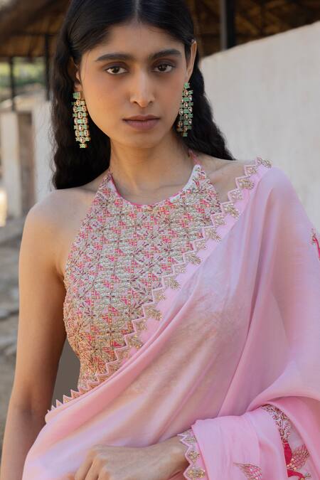 Buy_Punit Balana_Pink Organza, , Chanderi Masoom Gulaabi Marodi Work Saree With Blouse _Online_at_Aza_Fashions