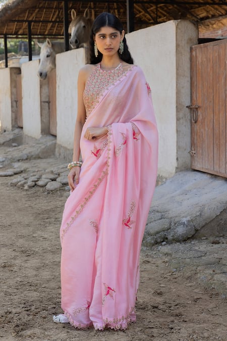 PUNIT BALANA Pink Saree Organza Silk Masoom Gulaabi Marodi Work With Blouse 