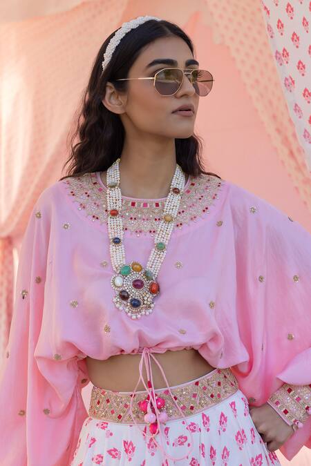 Punit Balana Pink Chanderi , Embroidery Round Kumari Floral Print Skirt And Top Set Online at Aza Fashions Punit Balana_Pink Chanderi , Embroidery Round Kumari Floral Print Skirt And Top Set _Online_at_Aza_Fashions