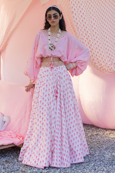 PUNIT BALANA Pink Skirt Chanderi Silk Embroidered Kumari Floral Print And Top Set 