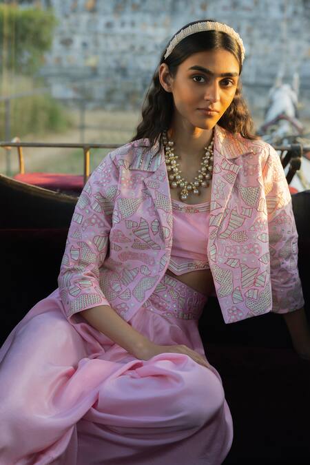 Punit Balana_Pink Silk, Chanderi Silk, Satin Embellished Crop Jacket And Cowl Pant Set _Online_at_Aza_Fashions