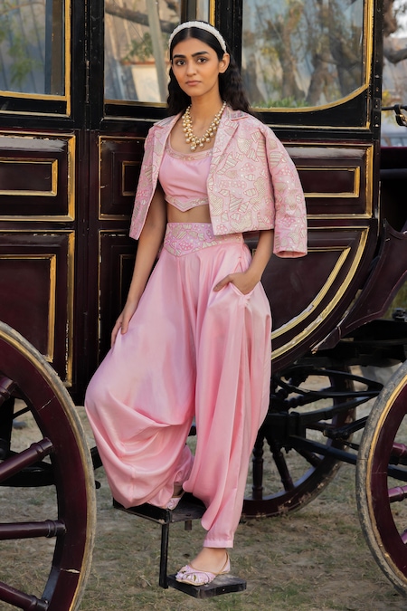 PUNIT BALANA Pink Jacket Chanderi Silk Embellished Geometric Crop And Cowl Pant Set 