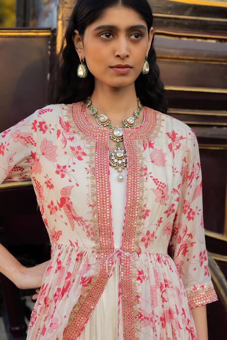 Punit Balana Pink Satin, Organza, Silk Tassels Floral Print Gathered Jacket And Anarkali Set Online at Aza Fashions Punit Balana_Pink Satin, Organza, Silk Tassels Floral Print Gathered Jacket And Anarkali Set _Online_at_Aza_Fashions