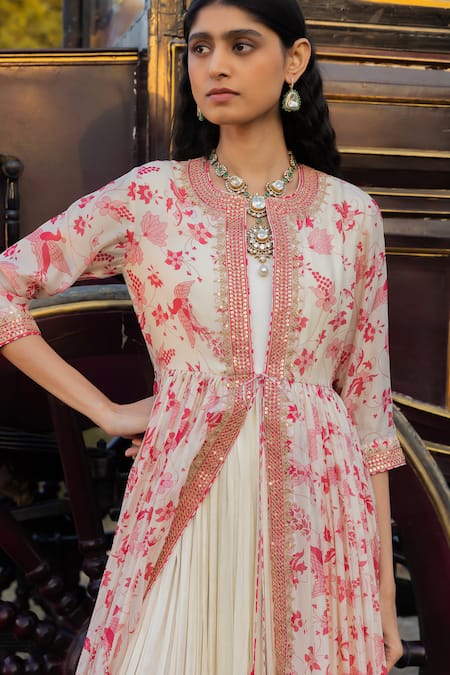 Shop Punit Balana Pink Satin, Organza, Silk Tassels Floral Print Gathered Jacket And Anarkali Set at Aza Fashions Shop_Punit Balana_Pink Satin, Organza, Silk Tassels Floral Print Gathered Jacket And Anarkali Set _at_Aza_Fashions
