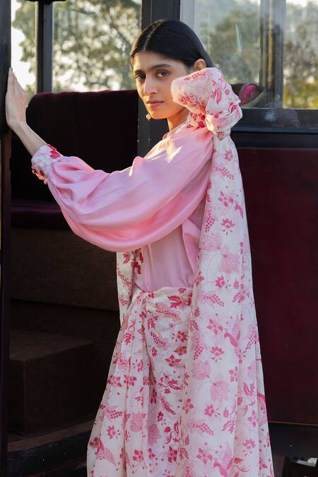 Punit Balana Pink Organza, Silk Sequins, Masoom Gulabi Floral Print Saree With Shirt Online at Aza Fashions Punit Balana_Pink Organza, Silk Sequins, Masoom Gulabi Floral Print Saree With Shirt _Online_at_Aza_Fashions