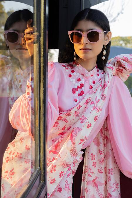 Buy Punit Balana Pink Organza, Silk Sequins, Masoom Gulabi Floral Print Saree With Shirt Online at Aza Fashions Buy_Punit Balana_Pink Organza, Silk Sequins, Masoom Gulabi Floral Print Saree With Shirt _Online_at_Aza_Fashions