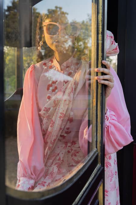 Shop Punit Balana Pink Organza, Silk Sequins, Masoom Gulabi Floral Print Saree With Shirt Online at Aza Fashions Shop_Punit Balana_Pink Organza, Silk Sequins, Masoom Gulabi Floral Print Saree With Shirt _Online_at_Aza_Fashions