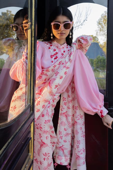 PUNIT BALANA Pink Saree Organza Silk Printed Floral Masoom Gulabi With Shirt 
