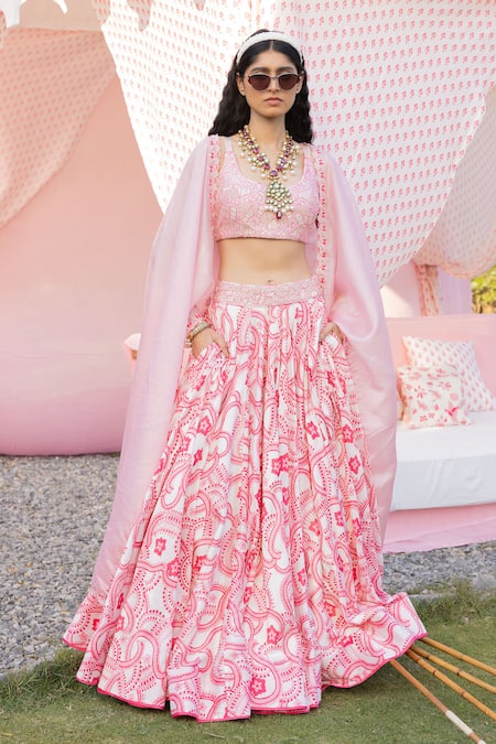 PUNIT BALANA Pink Chanderi Silk Printed Leather Lehenga Embellished Blouse Set 