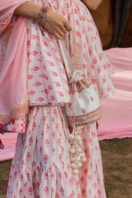 Buy_Punit Balana_Pink Chanderi Silk Printed Floral Notched Kedia Kurta Gharara Set  _Online_at_Aza_Fashions