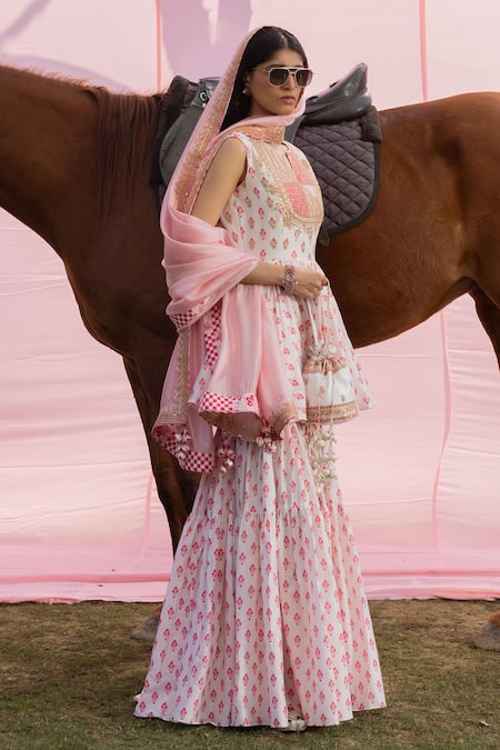 Shop_Punit Balana_Pink Chanderi Silk Printed Floral Notched Kedia Kurta Gharara Set  _at_Aza_Fashions