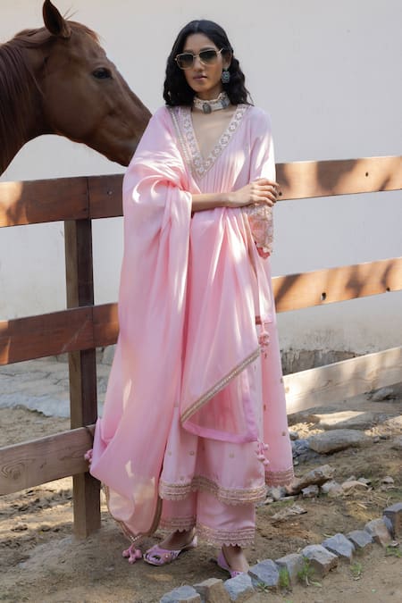 PUNIT BALANA Pink Kurta And Pant Silk Embroidered Masoom Gulaabi Alia Choga Set 