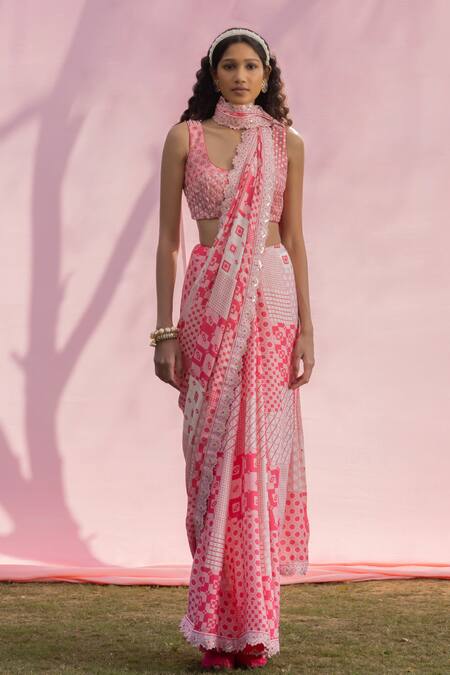 Punit Balana_Pink Satin, Silk Embroidery Round Neck Printed Saree With Embellished Blouse _Online_at_Aza_Fashions