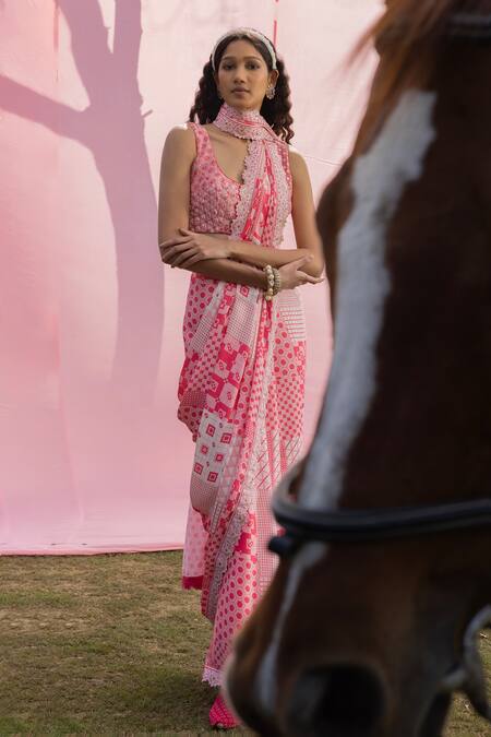 Buy_Punit Balana_Pink Satin, Silk Embroidery Round Neck Printed Saree With Embellished Blouse _Online_at_Aza_Fashions