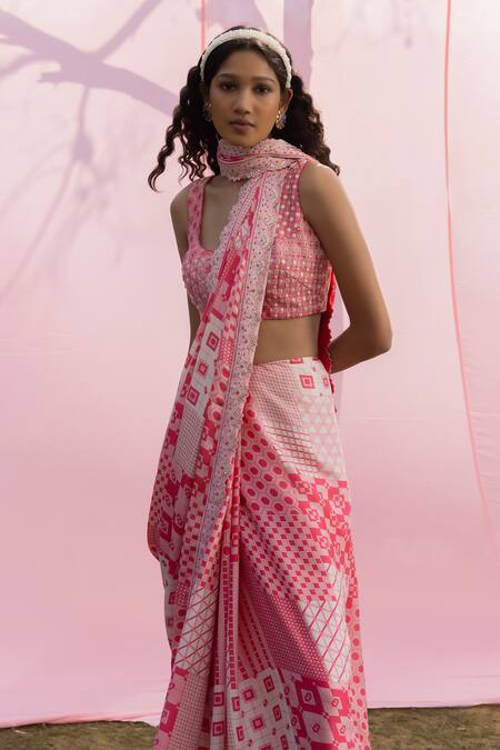 Shop_Punit Balana_Pink Satin, Silk Embroidery Round Neck Printed Saree With Embellished Blouse _Online_at_Aza_Fashions