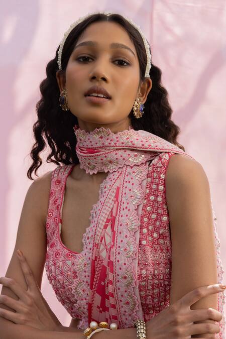 Punit Balana_Pink Satin, Silk Embroidery Round Neck Printed Saree With Embellished Blouse _at_Aza_Fashions