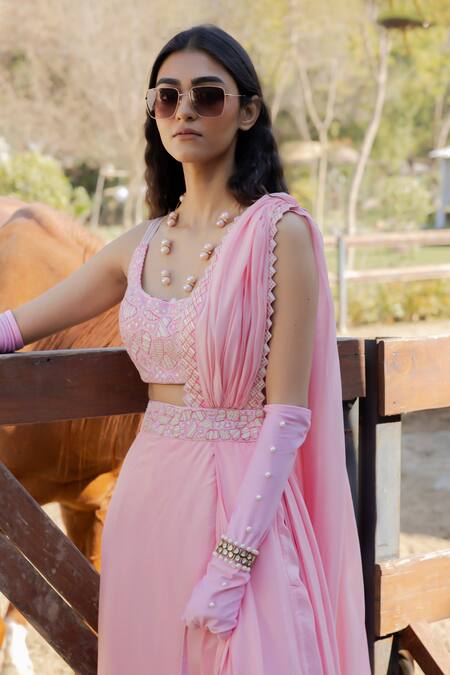 Punit Balana_Pink Chanderi Silk, Satin, Organza Embroidery Pre-draped Saree With Blouse _Online_at_Aza_Fashions